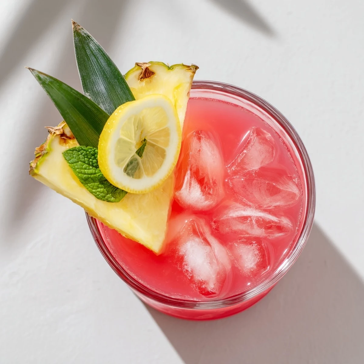 Vibrant pink drink with pineapple chunks floating in ice, topped with fresh mint sprig