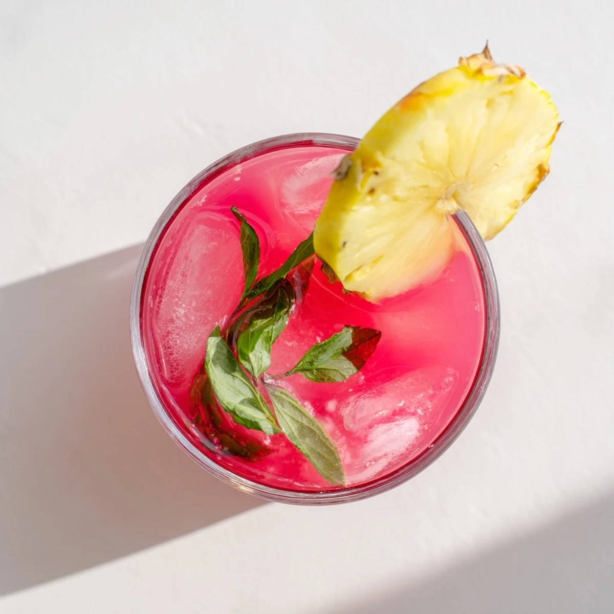 Refreshing pitcher of pink pineapple lemonade filled with ice and lemon slices on a wooden table
