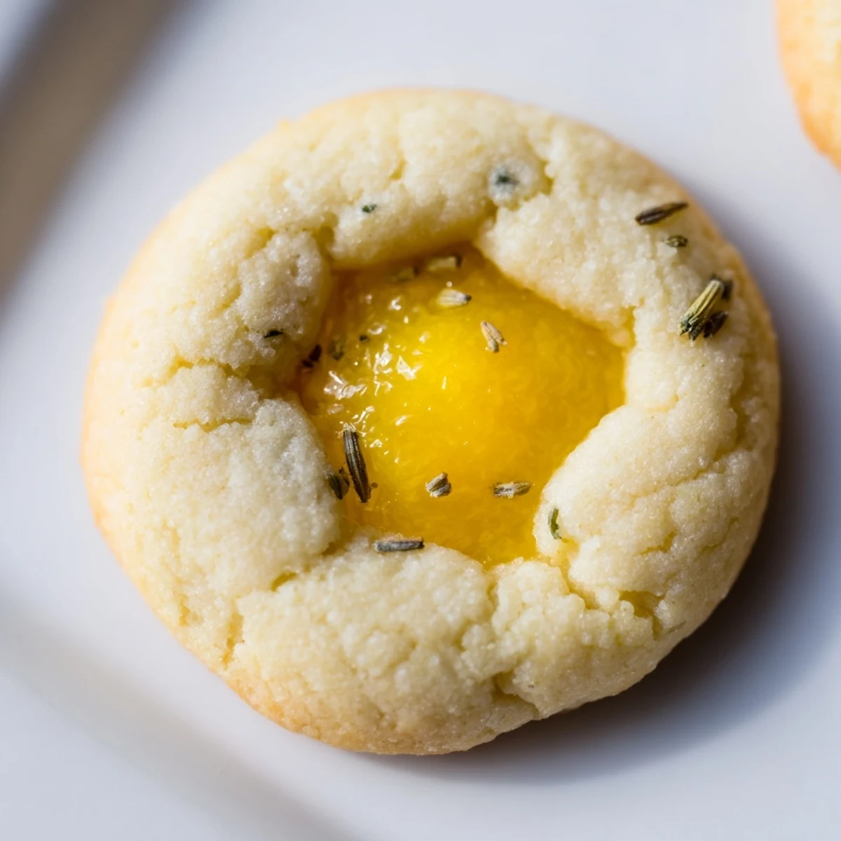 Golden lemon lavender thumbprint cookies with tangy curd centers on a white baking sheet