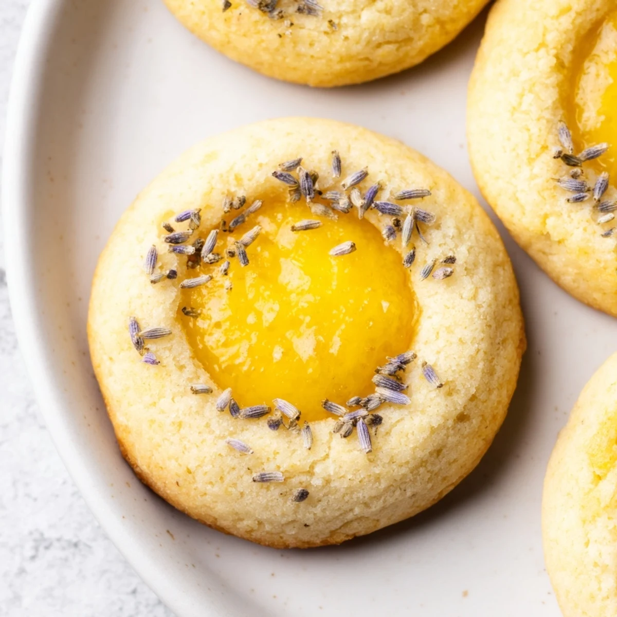 Close-up of floral lemon lavender thumbprint cookies with sweet yellow jam filling and lightly golden edges