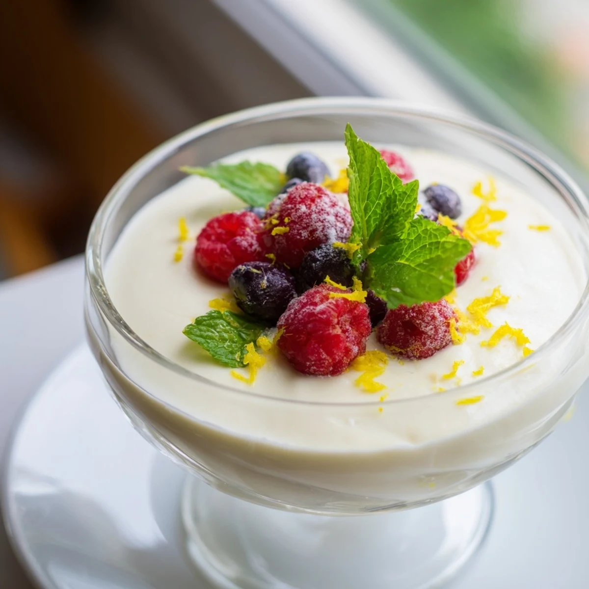 Creamy no bake lemon mascarpone mousse topped with fresh berries and mint leaves in clear glass