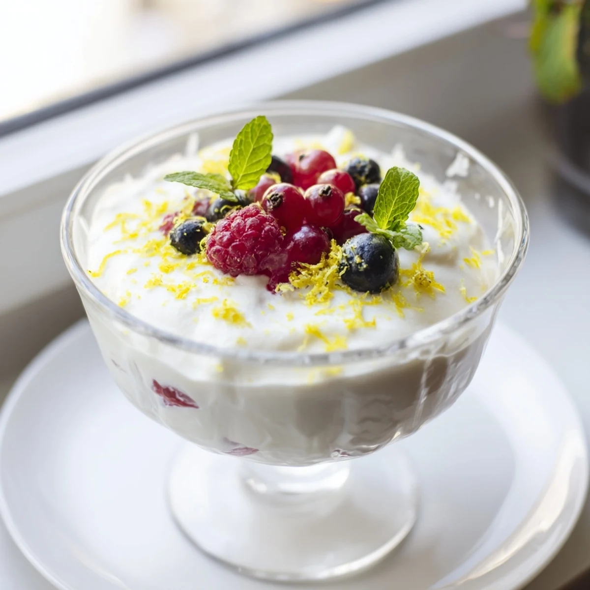 Tangy no bake lemon mascarpone mousse dessert with whipped cream texture and vibrant citrus presentation