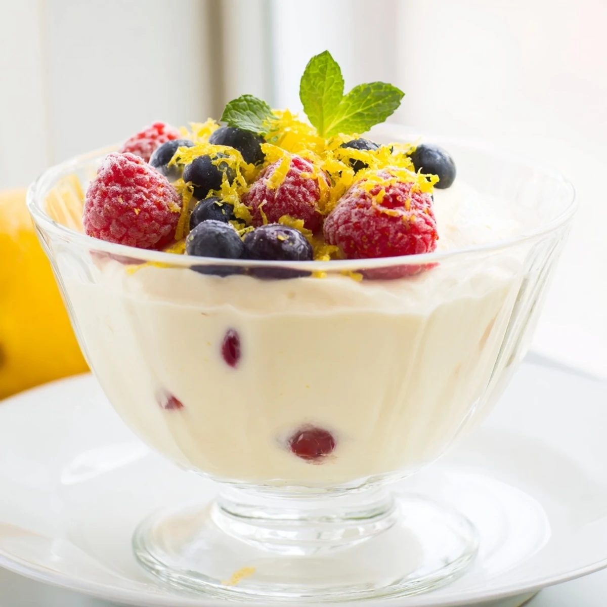 Light and fluffy no bake lemon mascarpone mousse with lemon zest garnish served in elegant dessert bowls