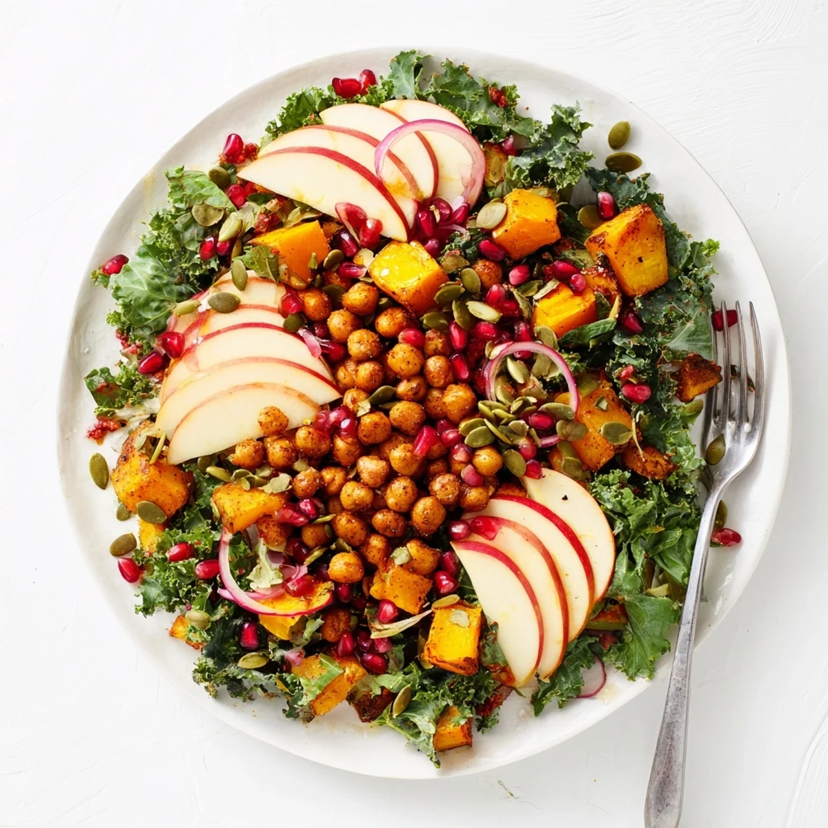 Crispy spiced chickpeas atop a hearty autumn salad featuring roasted squash, sweet apples, and maple-Dijon dressed leafy greens in a shallow bowl