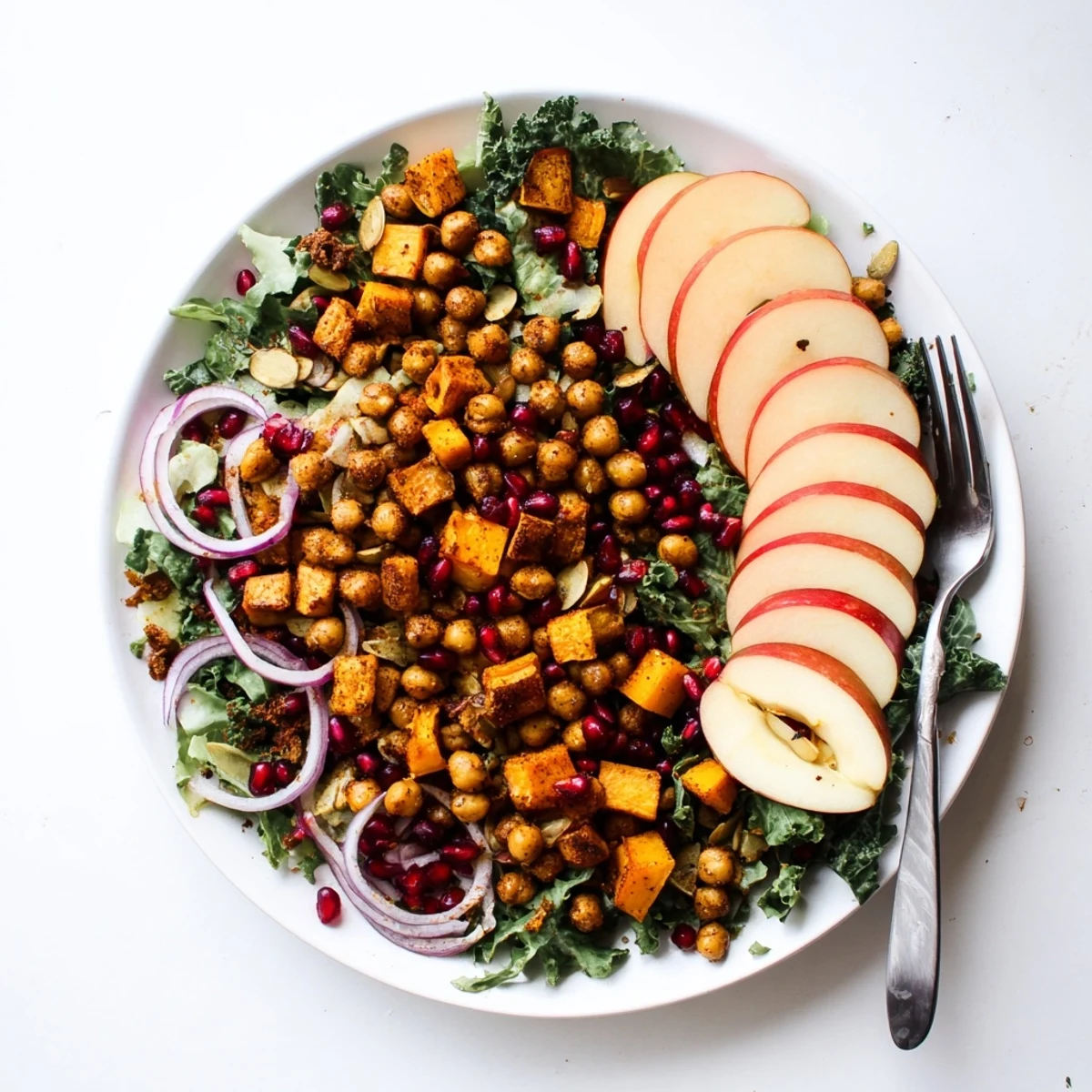Colorful roasted chickpea fall salad displaying seasonal vegetables, pumpkin seeds, and red onion tossed with tangy maple-Dijon dressing