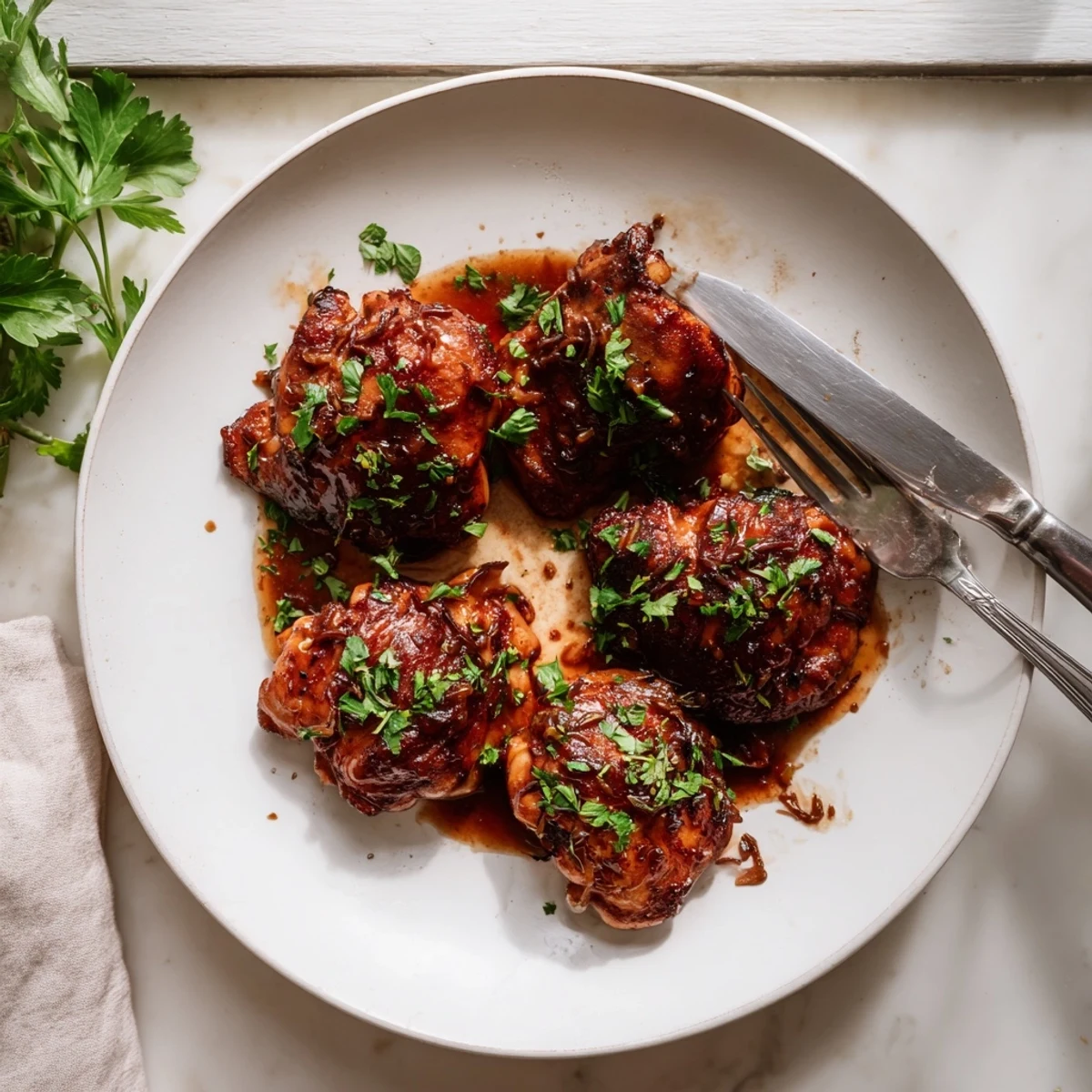 Tender sticky apple cider chicken served on a white plate with reduced glaze spooned over top