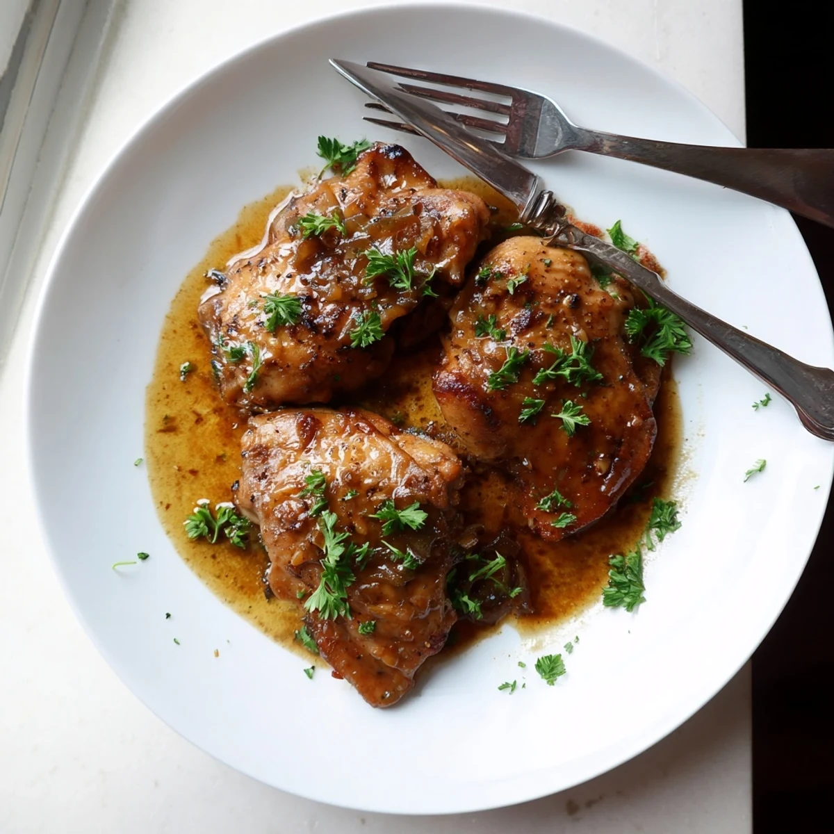 Golden brown chicken thighs coated in a glossy, caramelized apple cider sauce with fresh parsley