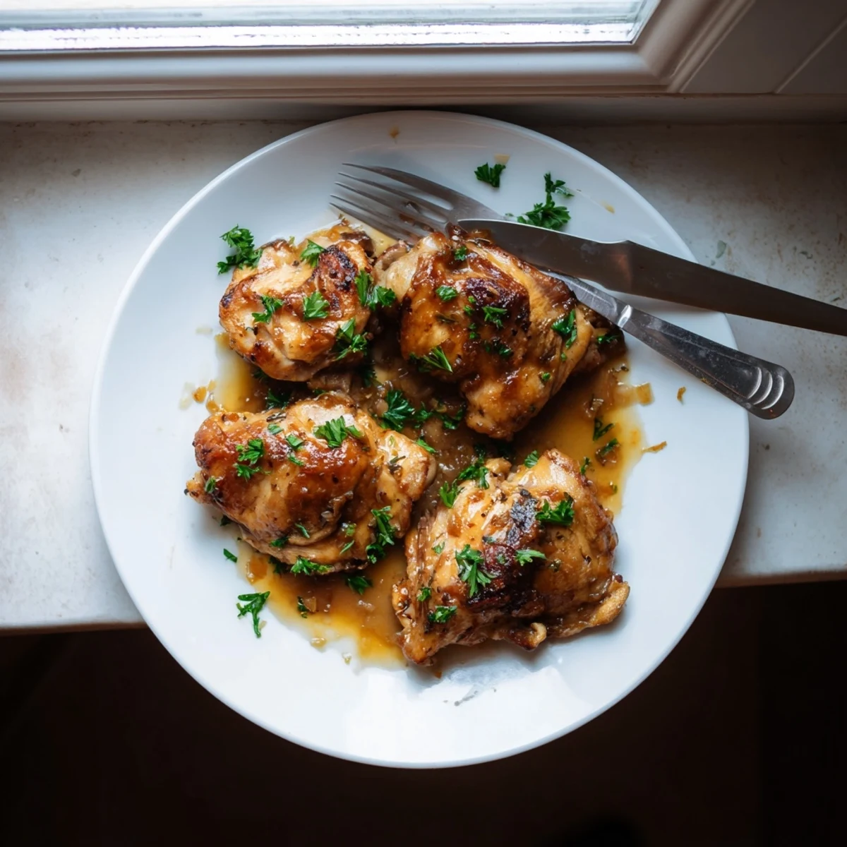 Savory chicken pieces simmered in sweet apple cider reduction with melted butter and thyme sprinkled on top