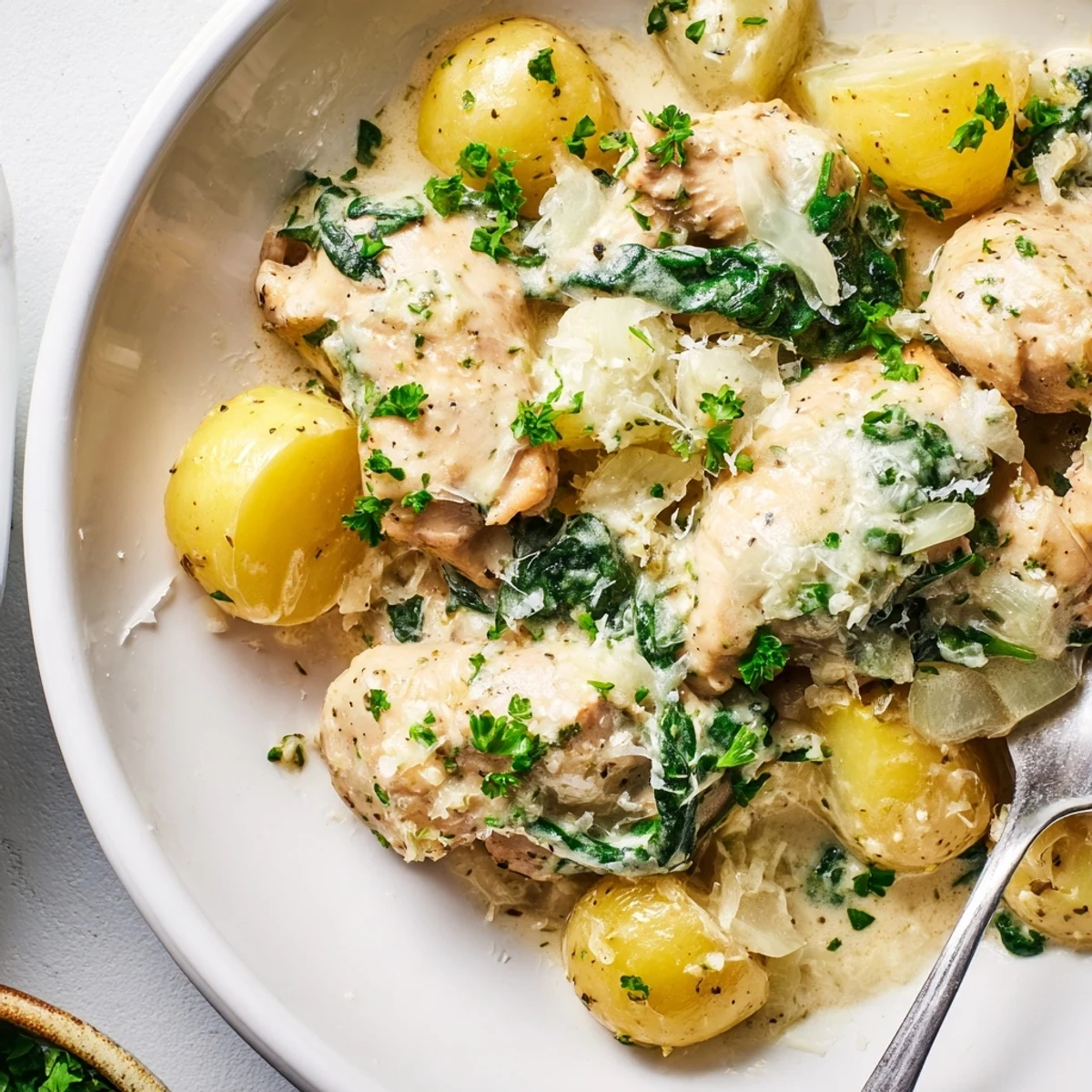 Golden brown chicken breasts nestled beside tender baby potatoes in a rich, creamy garlic Parmesan sauce garnished with fresh parsley