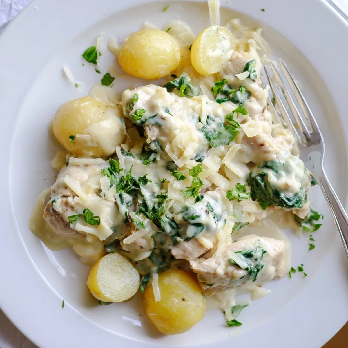 Slow cooker garlic Parmesan chicken and potatoes featuring tender meat coated in a white cheese sauce with vibrant green spinach