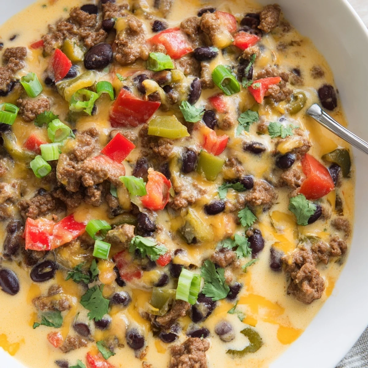 Creamy spicy cowboy queso dip with melted cheeses, chorizo, and colorful peppers in a serving bowl