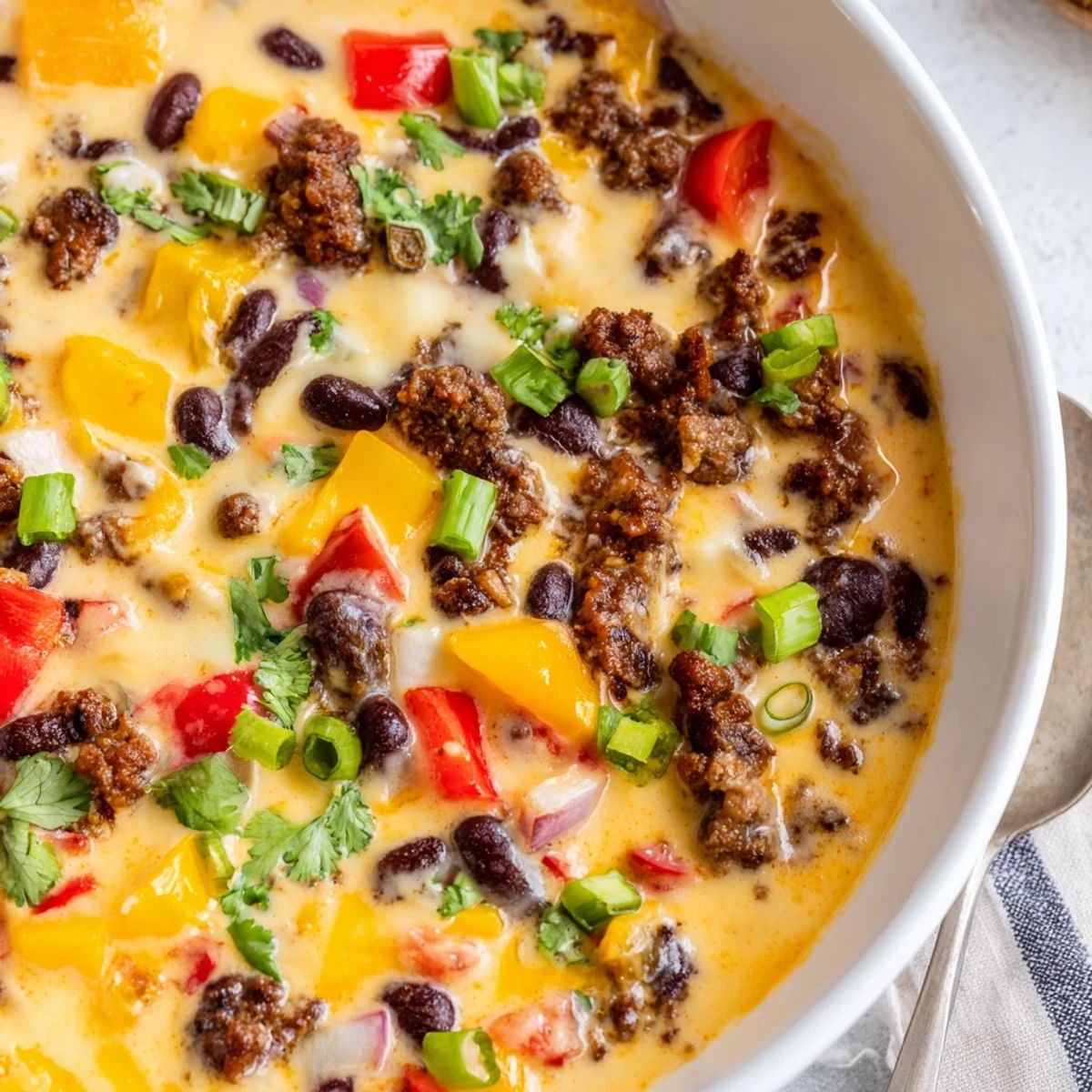 Golden melted spicy cowboy queso dip bubbling in a slow cooker with tortilla chips on side