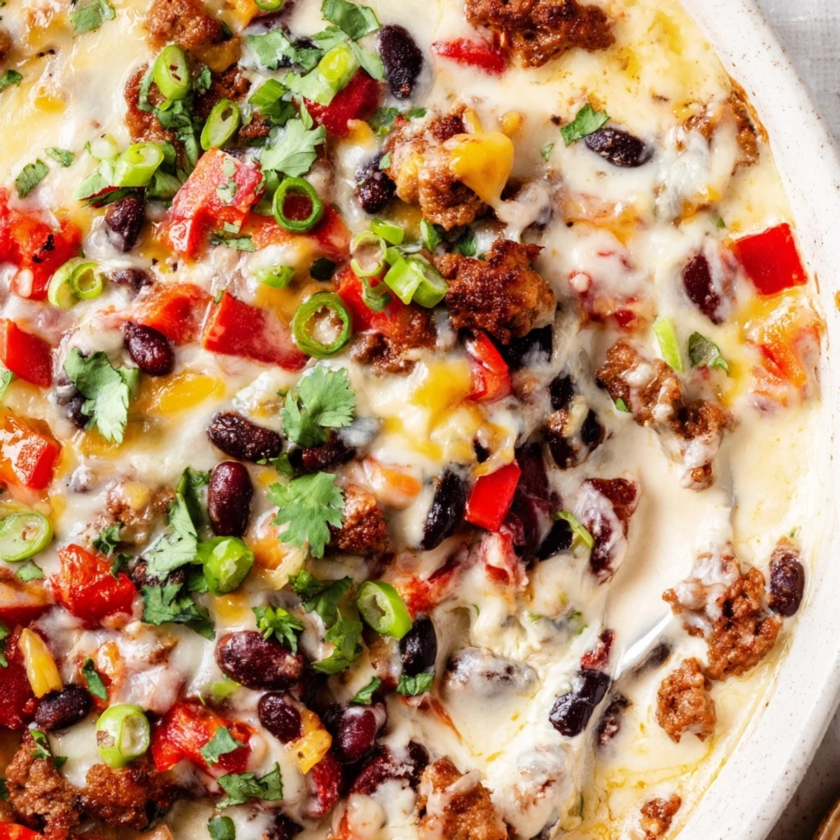 Steaming bowl of spicy cowboy queso dip loaded with beans and meat garnished with fresh cilantro
