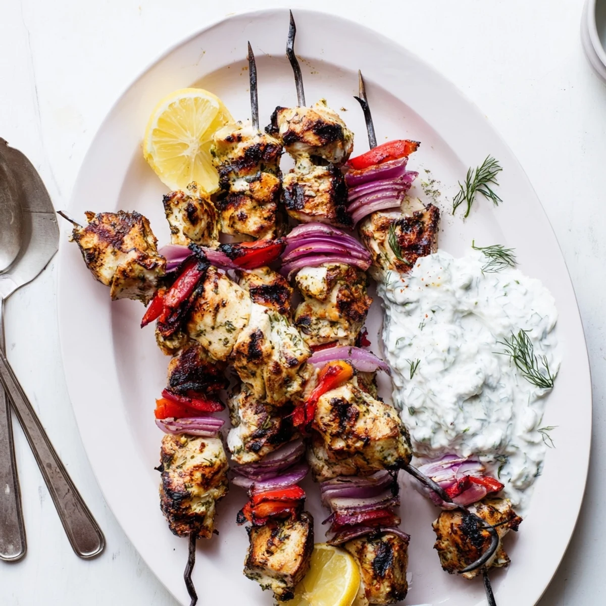 Golden grilled Greek lemon chicken skewers with charred edges and fresh herb marinade