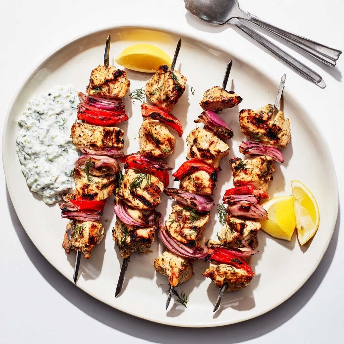 Tender Greek lemon chicken skewers plated alongside creamy homemade tzatziki sauce and lemon wedges
