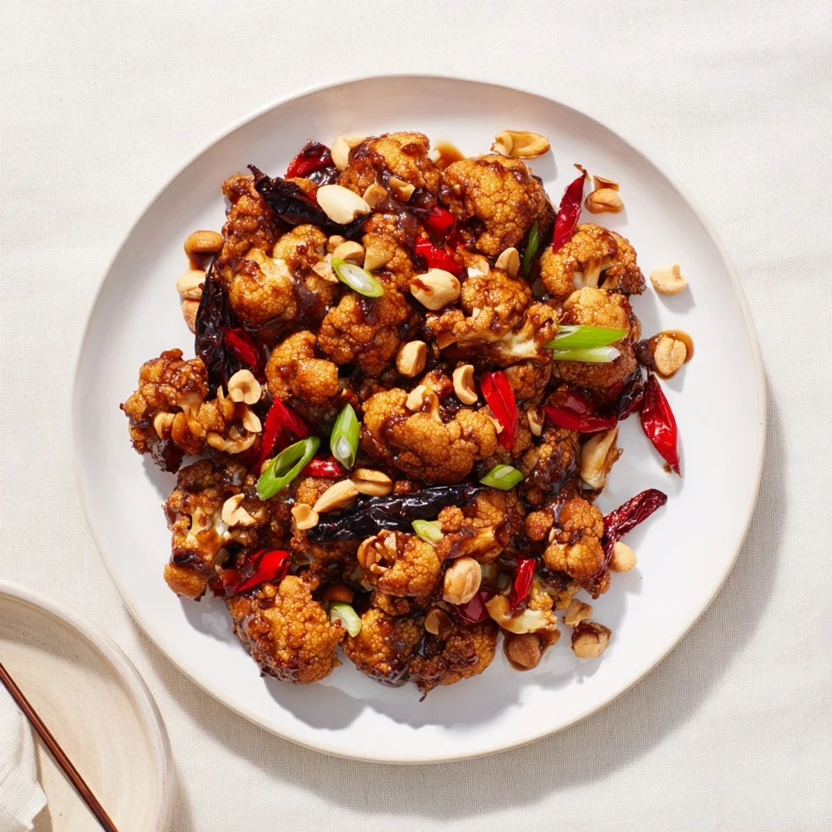 Golden brown Kung Pao Cauliflower stir-fry with red bell peppers, green onions, and crunchy peanuts garnish