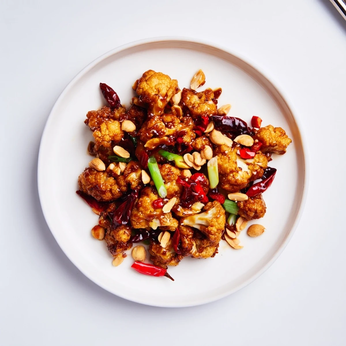 Crispy roasted cauliflower florets tossed in spicy Kung Pao sauce with roasted peanuts and fresh vegetables