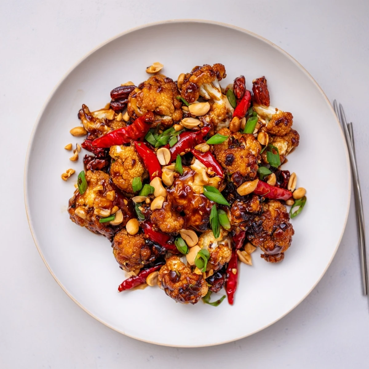Vegan Kung Pao Cauliflower glistening in tangy sweet sauce served with colorful vegetables and peanuts