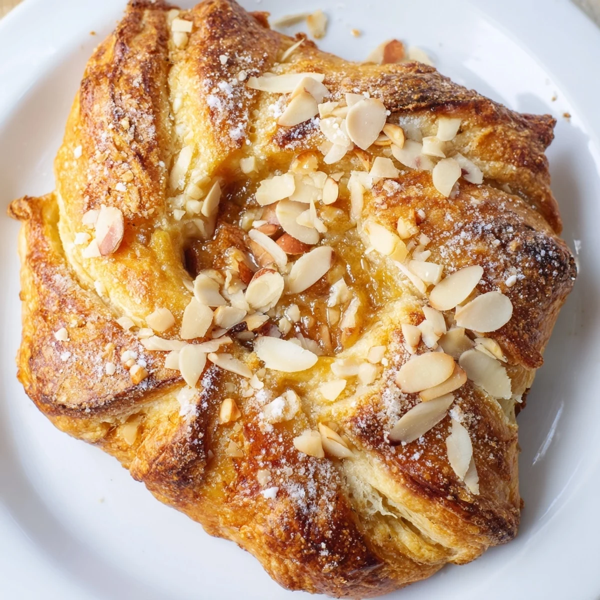 Golden brown almond bear claw pastry topped with sliced almonds on a white plate