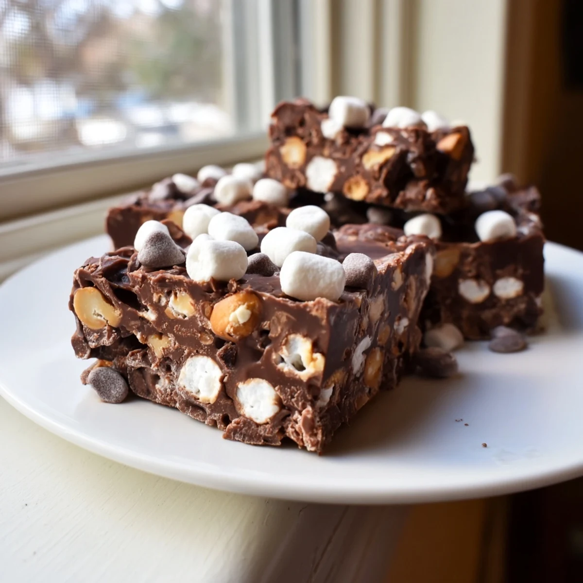 Homemade easy rocky road fudge topped with fluffy marshmallows and roasted peanuts on a white plate