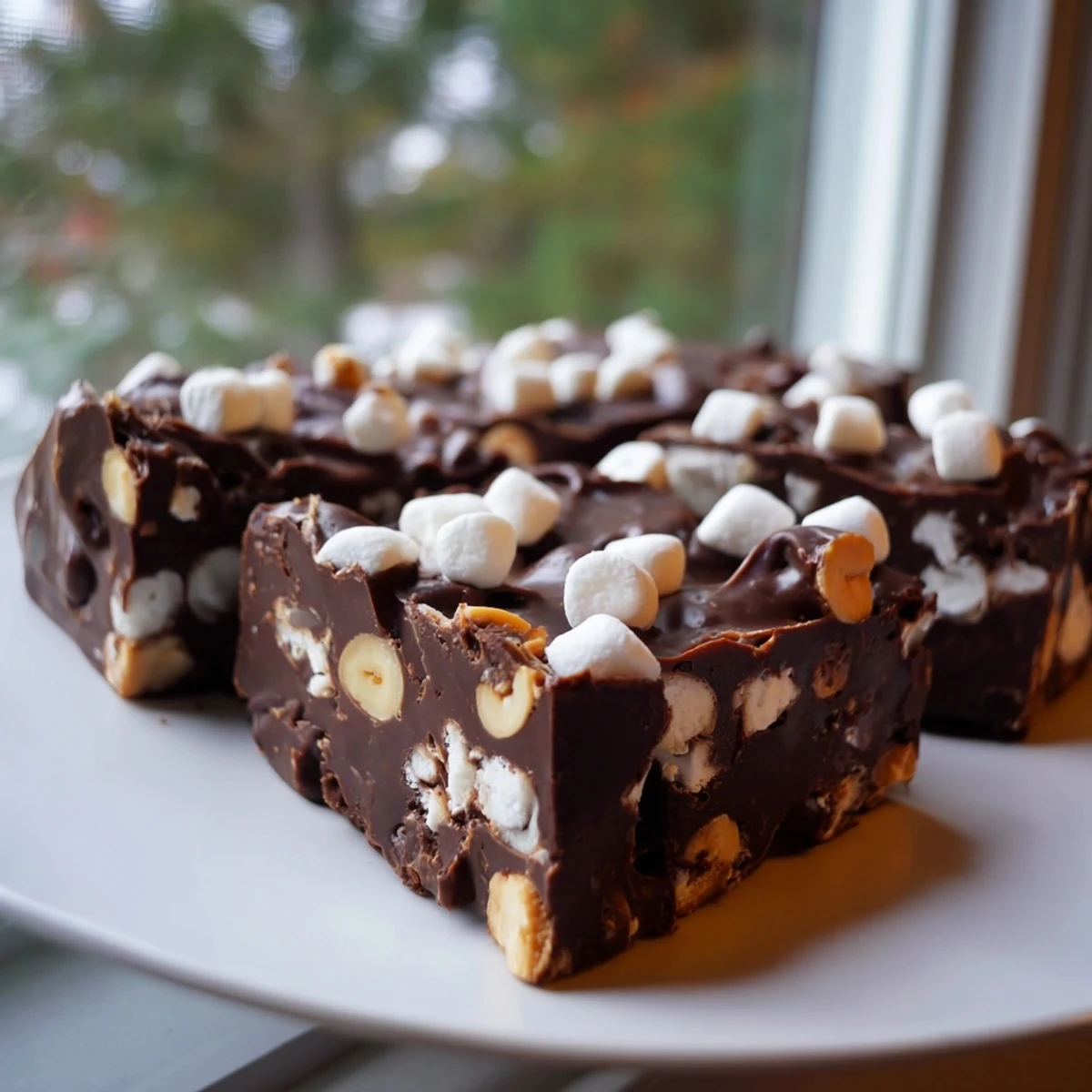 Creamy easy rocky road fudge squares studded with mini marshmallows and crunchy chopped nuts for gifting