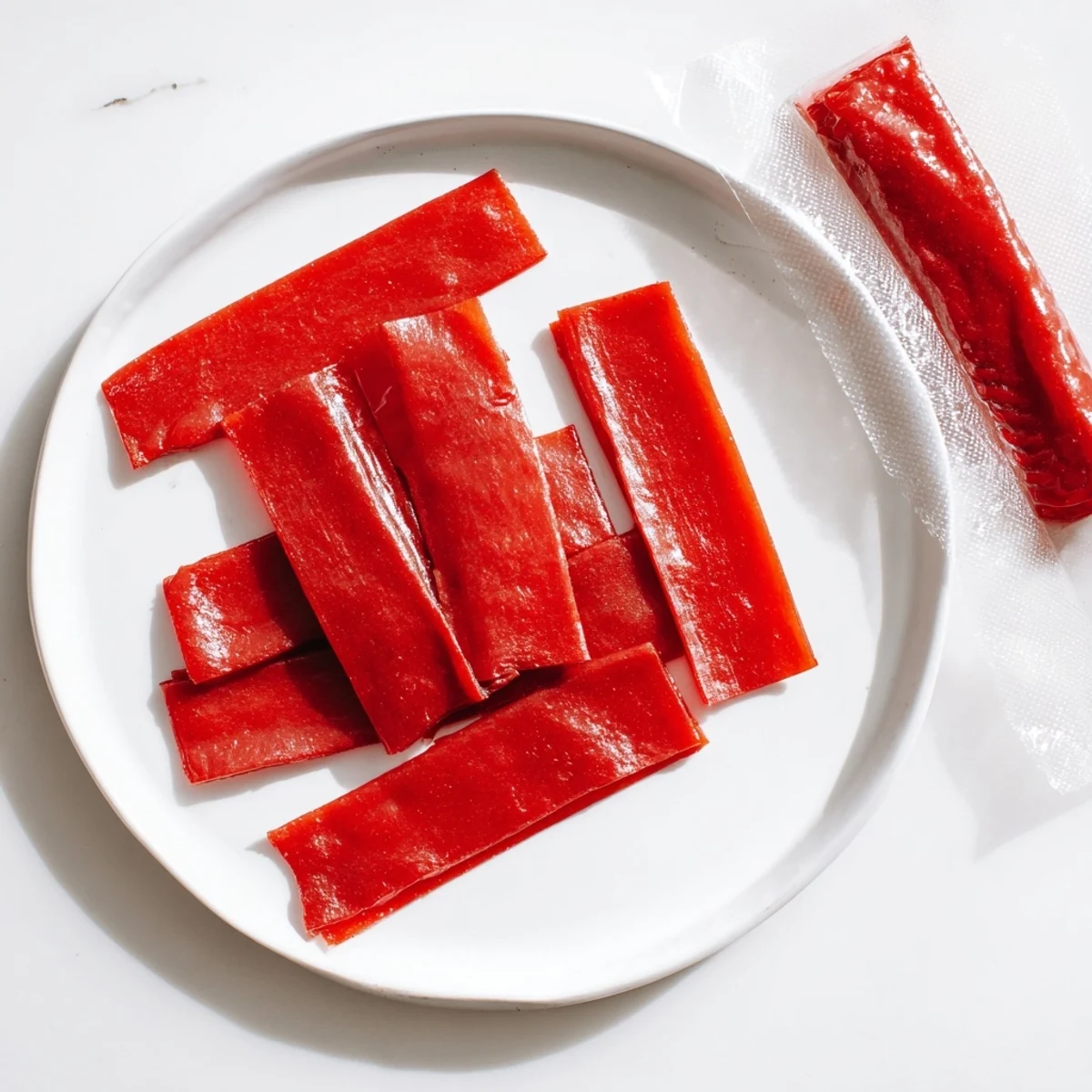 Strip of homemade fruit roll ups being cut on a cutting board, showing flexible fruit leather texture