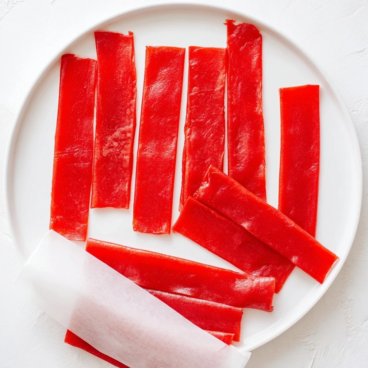 Chewy homemade fruit roll ups rolled in parchment paper, displaying vibrant red strawberry puree