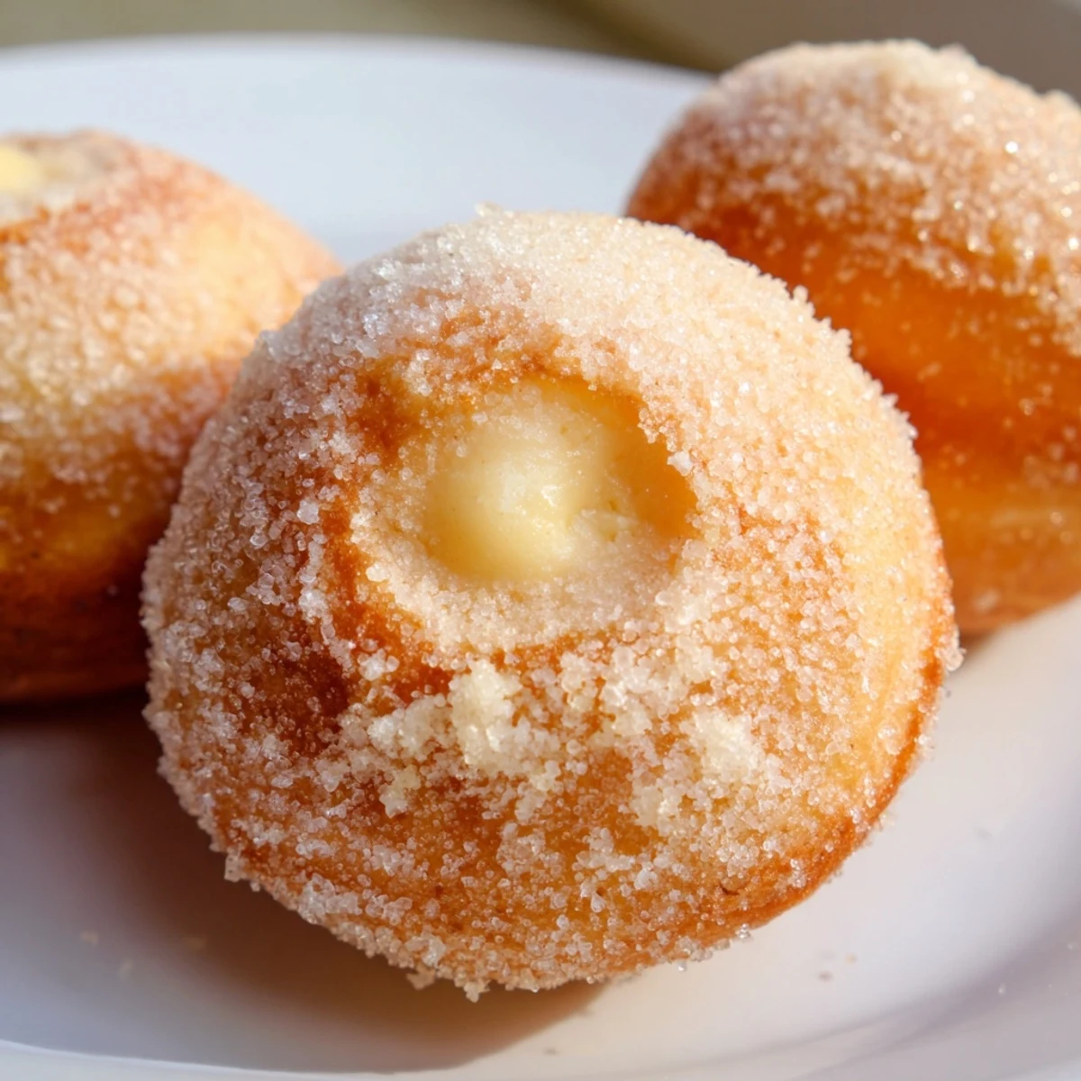 Light fluffy Italian doughnuts piping hot with creamy vanilla custard filling on a white serving plate