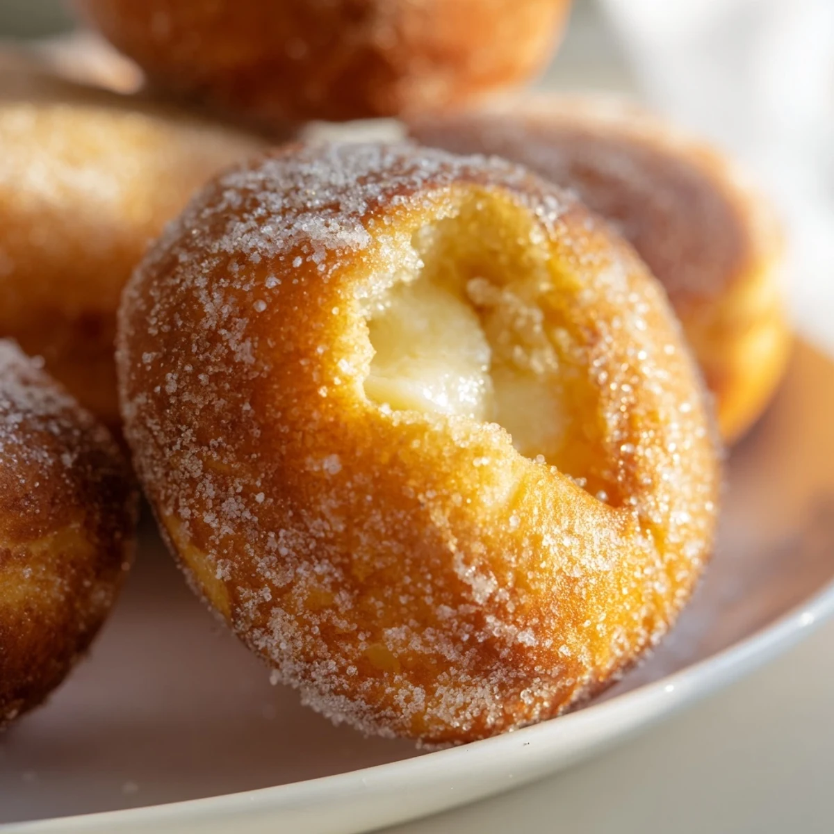 Golden fried bomboloni alla crema generously filled with smooth vanilla pastry cream and dusted with sugar