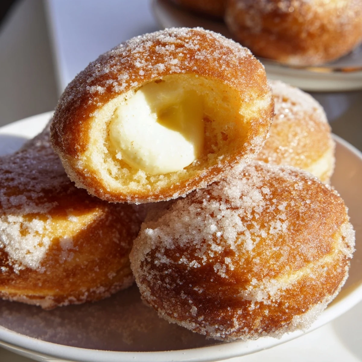 Sweet bomboloni alla crema arranged on a decorative platter showing golden exteriors and luscious vanilla cream centers