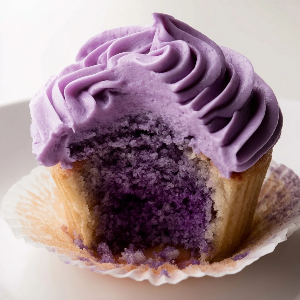 Fluffy grape soda cupcakes topped with vibrant purple buttercream frosting on a white plate