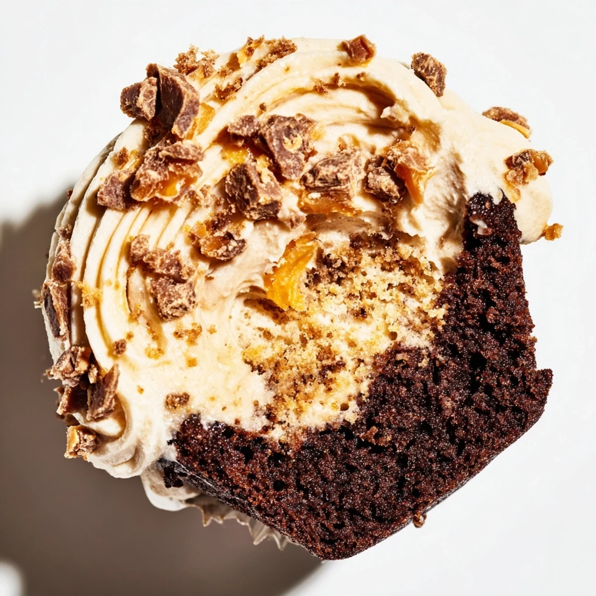 Homemade Butterfinger cupcakes featuring peanut butter center and fluffy candy-studded buttercream frosting.