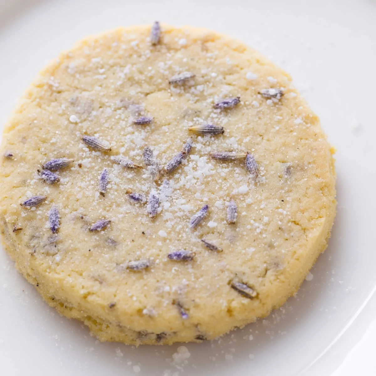 Buttery lemon lavender cookies dusted with powdered sugar on a white plate
