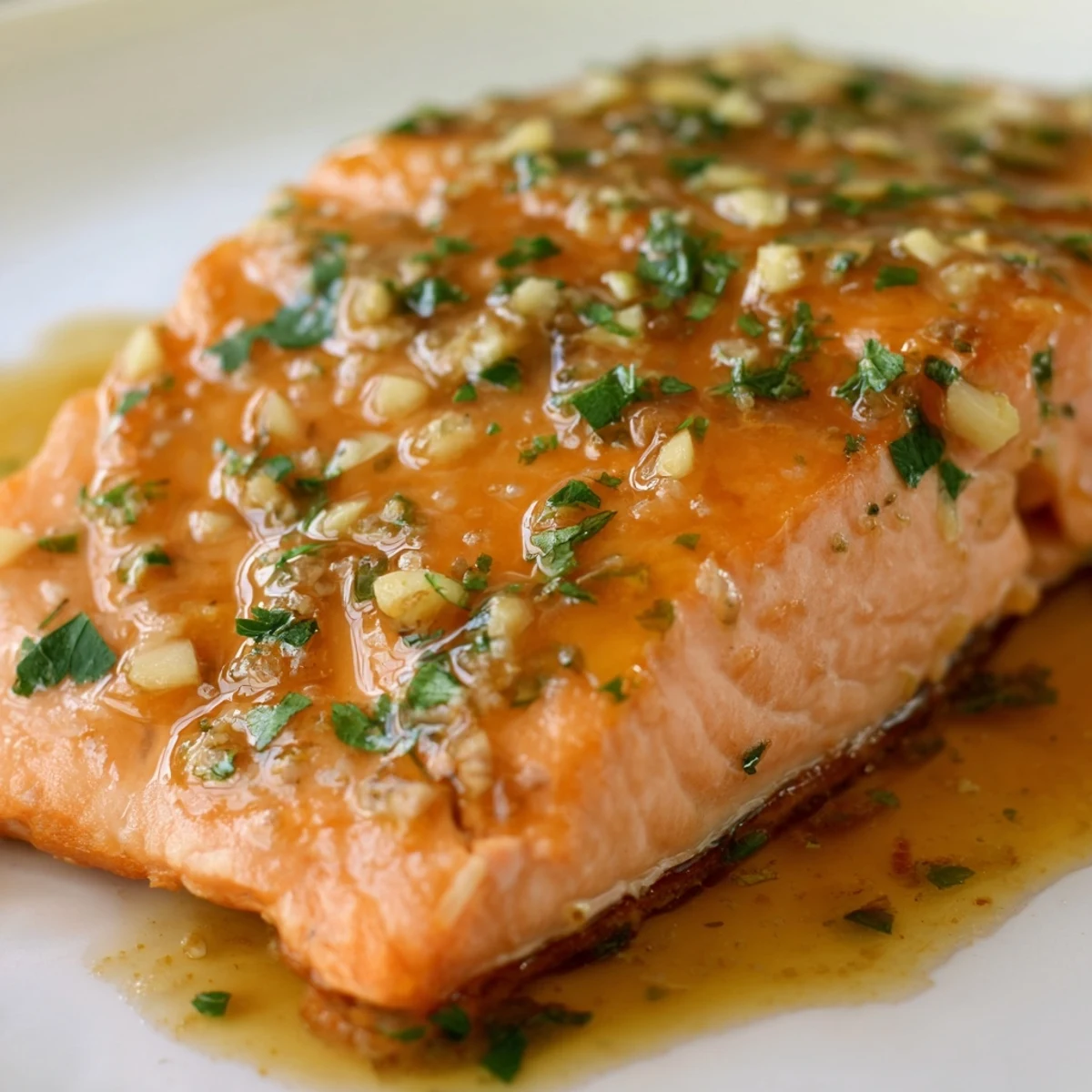 Golden baked honey lime garlic butter salmon fillet with caramelized glaze and fresh herb garnish on white plate