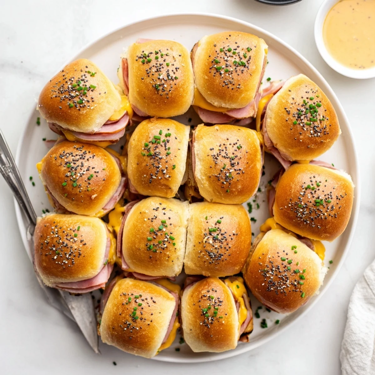 Platter of bite-sized grilled cheese Hawaiian roll sandwiches topped with poppy seeds and fresh chives