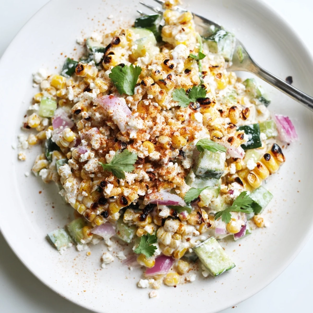 Vibrant Mexican street corn salad bowl with juicy corn, diced cucumbers, and crumbled cotija cheese topping