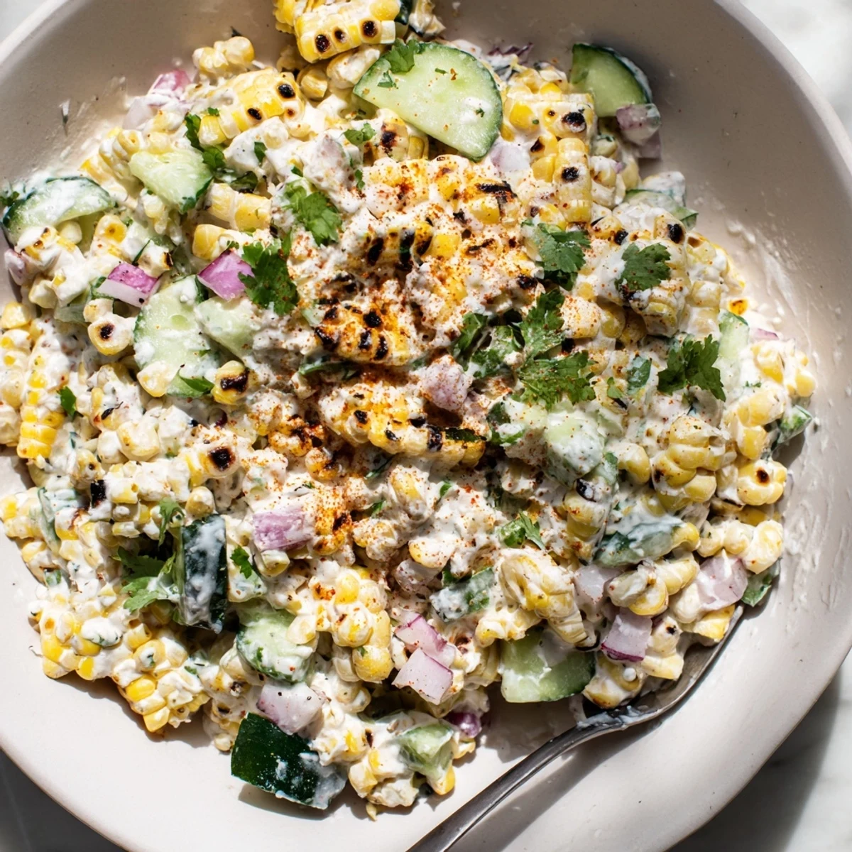 Refreshing street corn creamy cucumber salad featuring charred corn kernels and crisp vegetables in zesty lime dressing