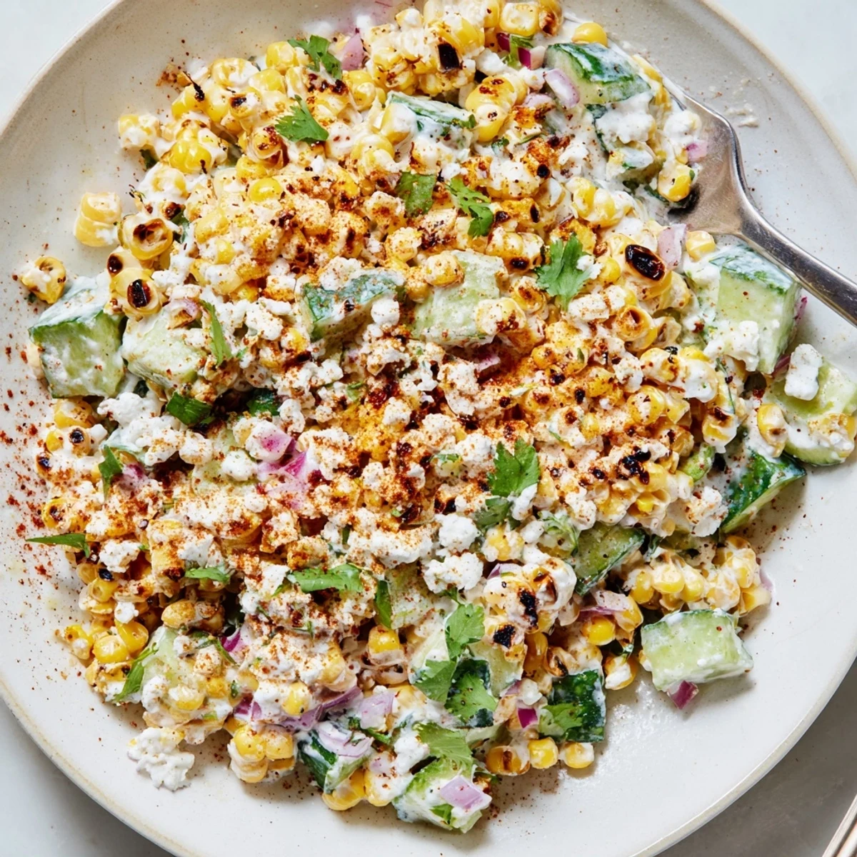 Creamy cucumber and corn salad plated with fresh cilantro, red onion, and tangy smoked paprika dressing