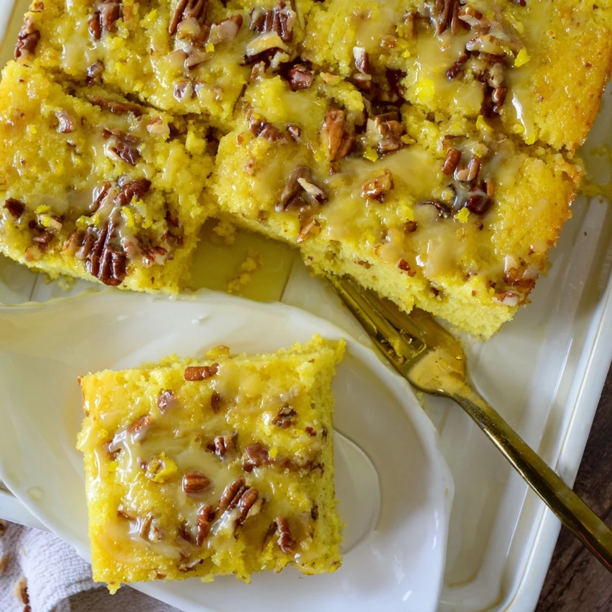 Golden Texas Tornado Cake with pineapple coconut pecans soaking in buttery sauce