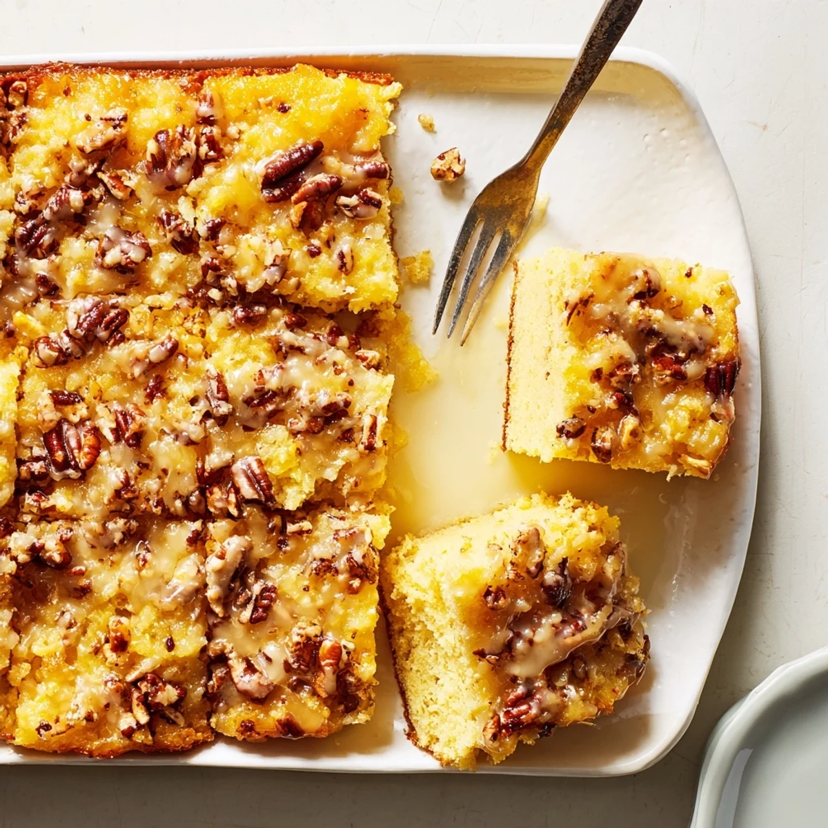 Old-fashioned Texas Tornado Cake slice showing fruit nut layers and sweet topping drizzle