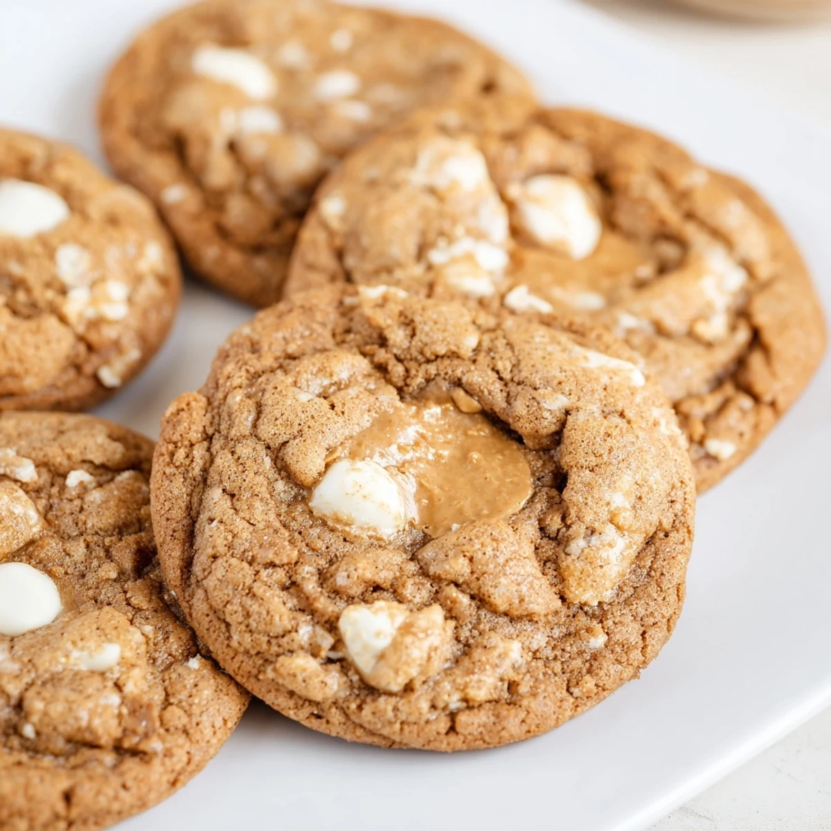 Freshly baked stuffed Biscoff butter lava cookies with warm gooey centers oozing onto a white plate