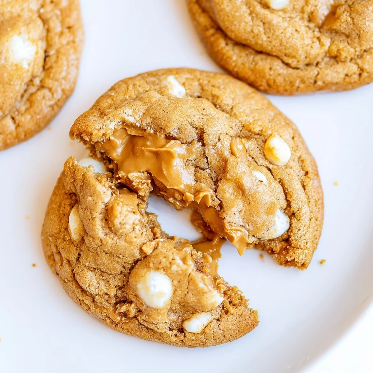 Golden brown stuffed Biscoff butter lava cookies featuring molten cookie butter filling and white chocolate chunks