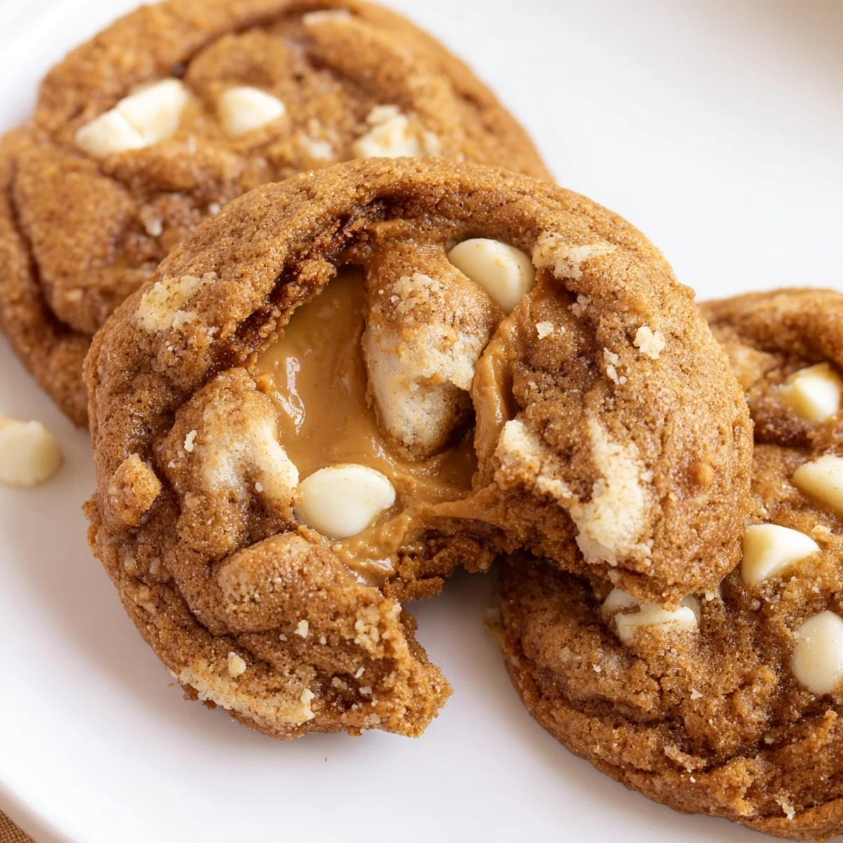 Warm stuffed Biscoff butter lava cookies broken open to reveal melty spread and crushed cookie pieces
