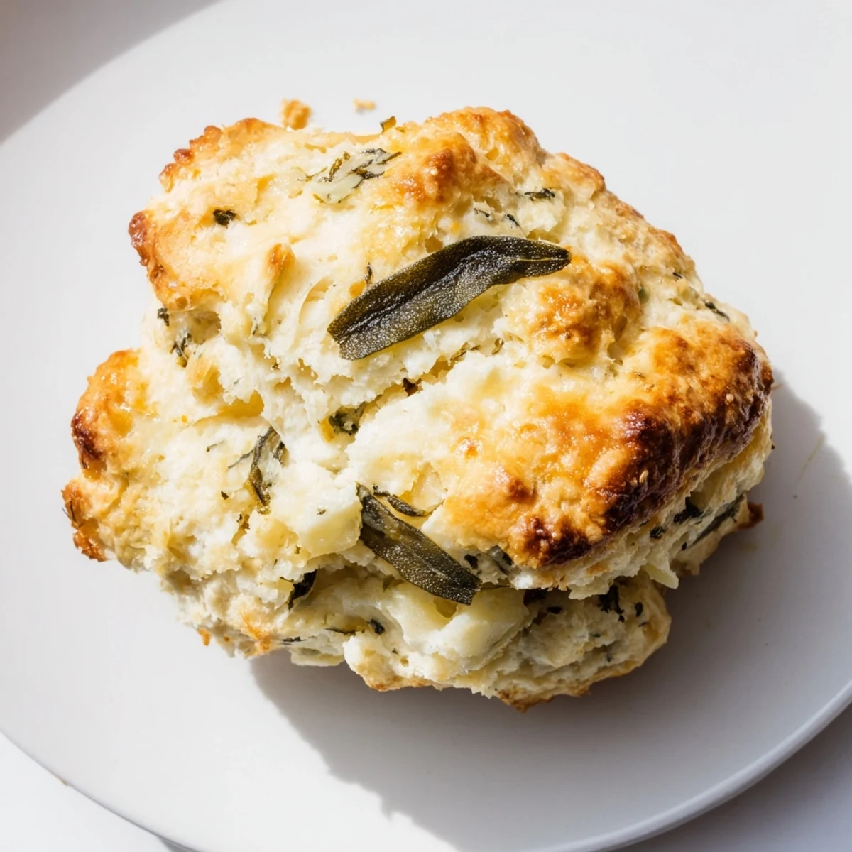Golden brown sage and Gruyere biscuits piled on a wooden cutting board, steam rising from their flaky layers