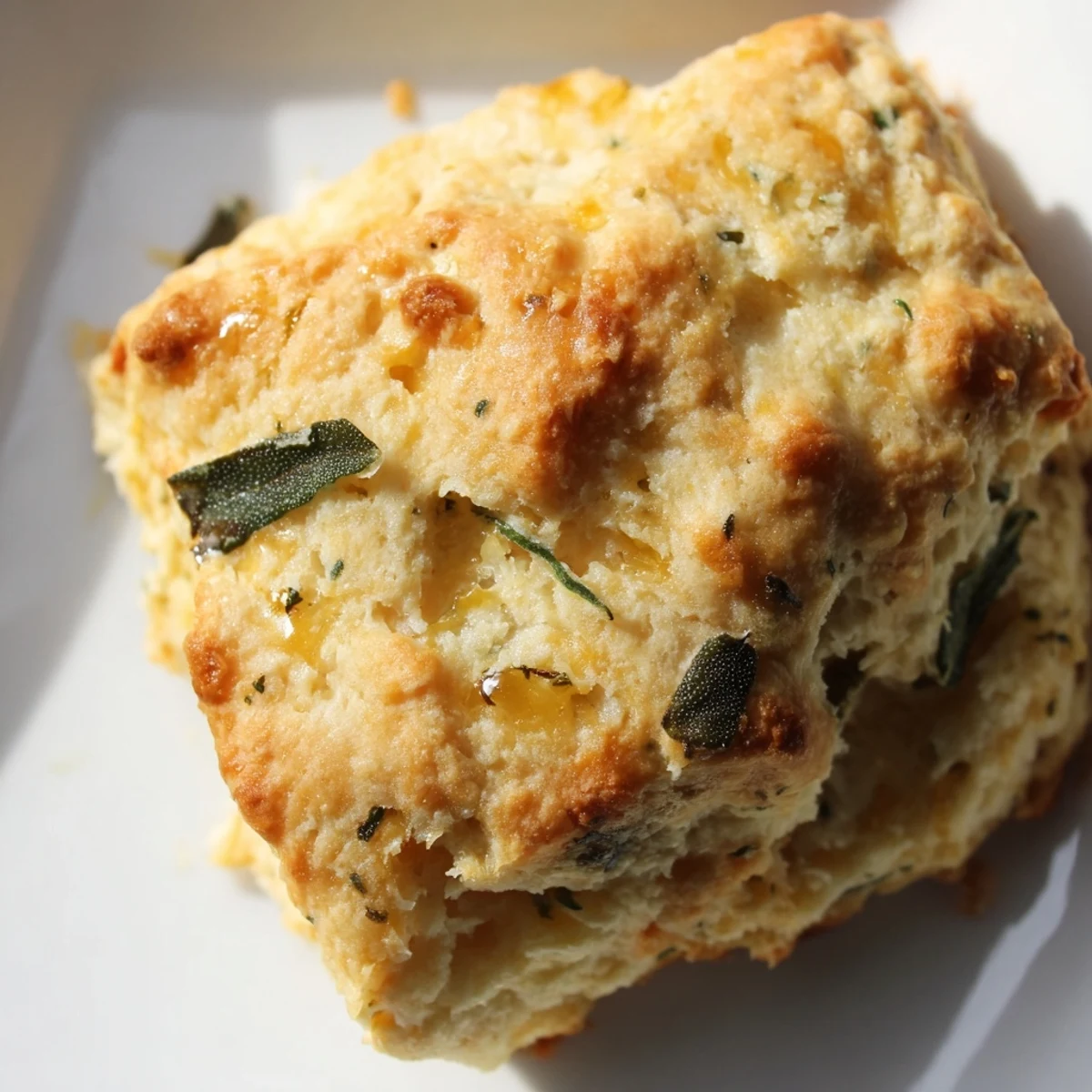 Freshly baked sage and Gruyere biscuits brushed with cream, featuring golden tops and visible flecks of green herb