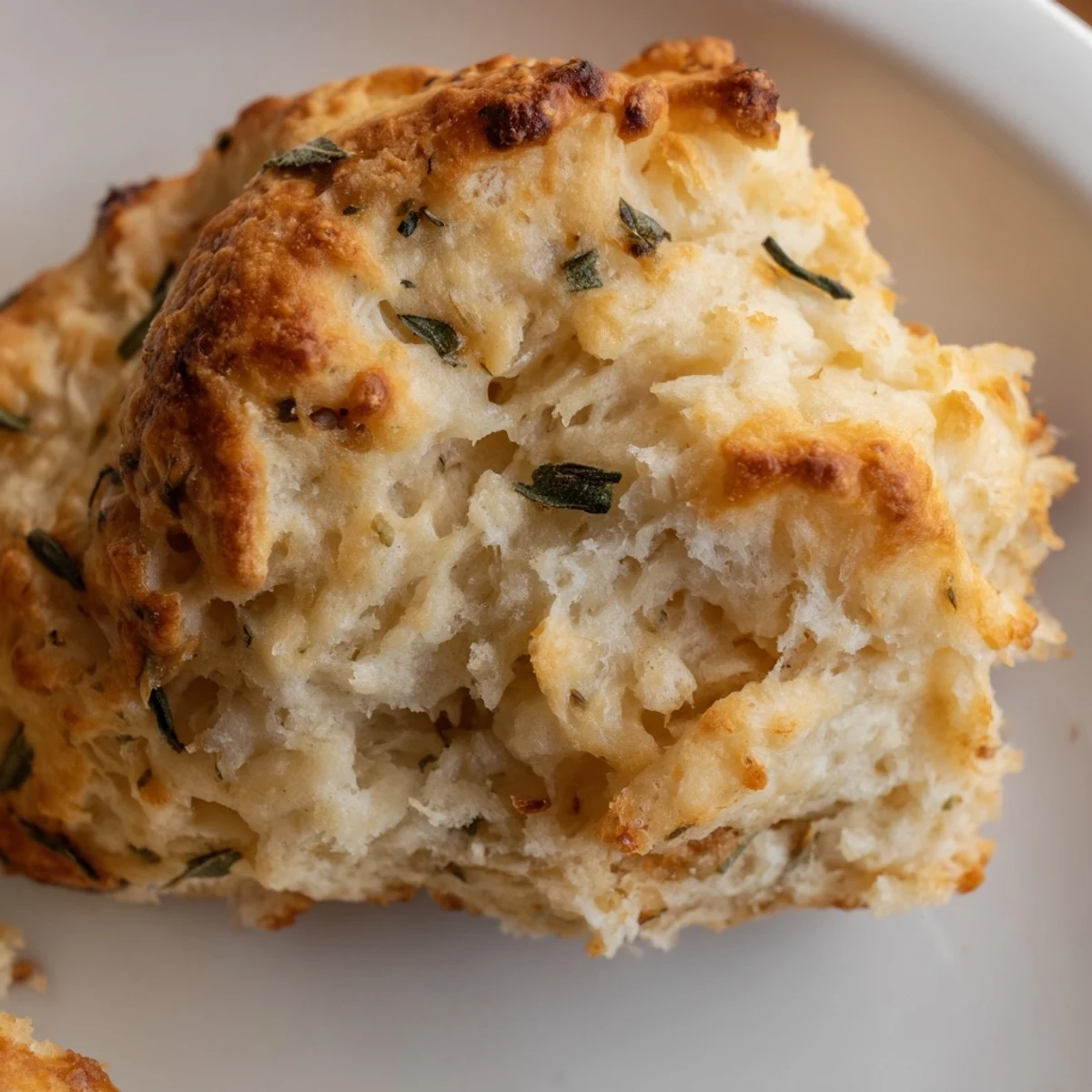 Warm sage and Gruyere biscuits split open revealing tender crumb, served with melting butter on a white plate