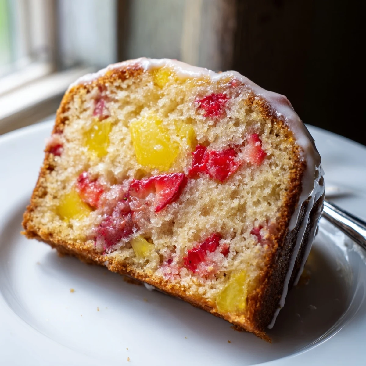 Drizzle-glazed strawberry pineapple pound cake served on a white plate with fresh strawberry garnish