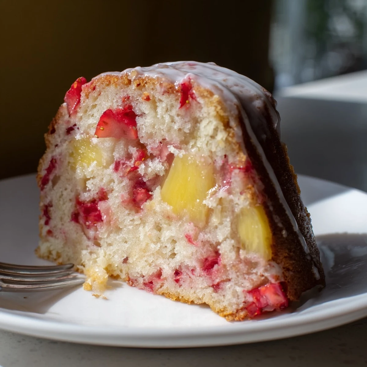 Golden strawberry pineapple pound cake slices with juicy red fruit bits visible throughout the tender crumb
