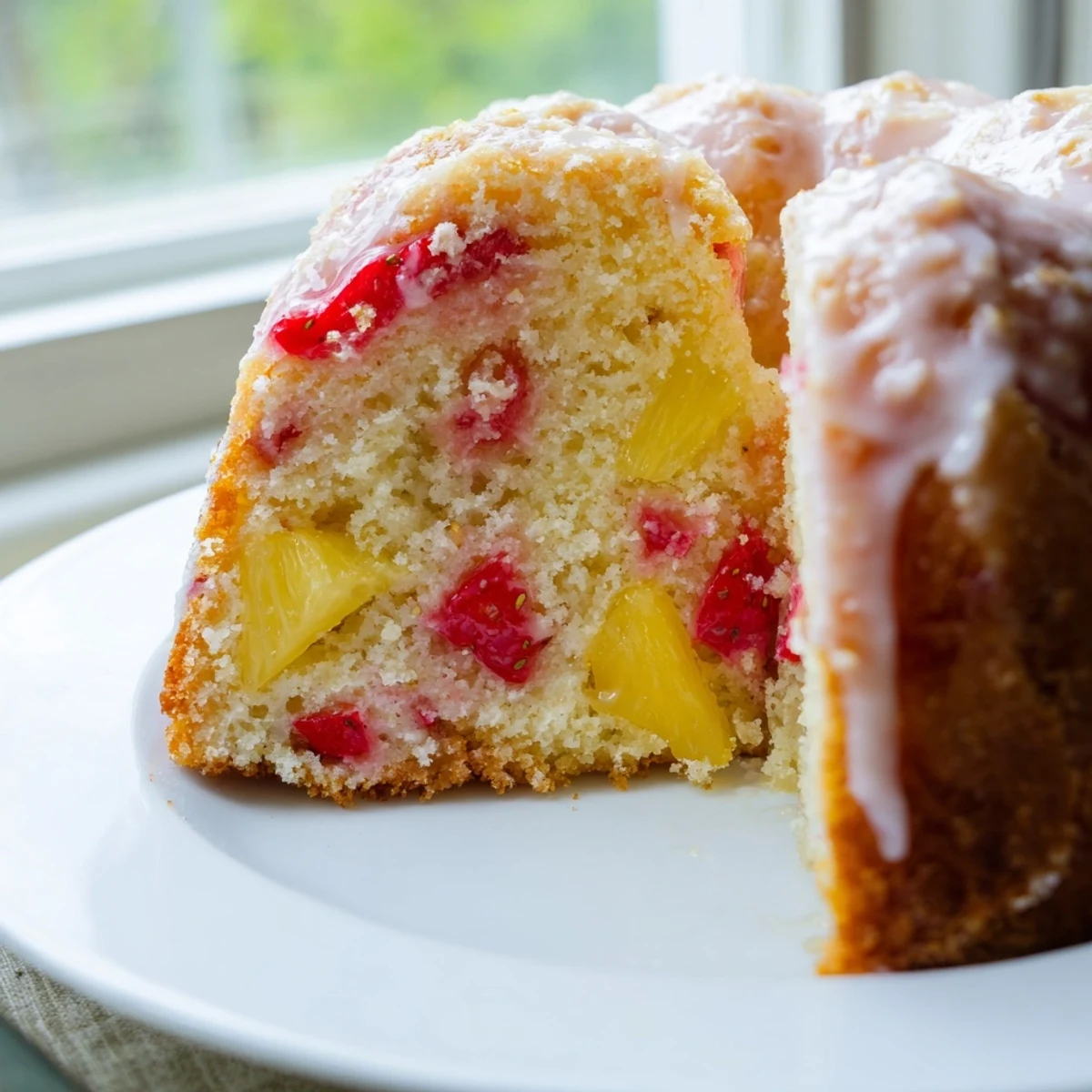 Homemade strawberry pineapple pound cake loaf with golden crust and flecks of bright red berries