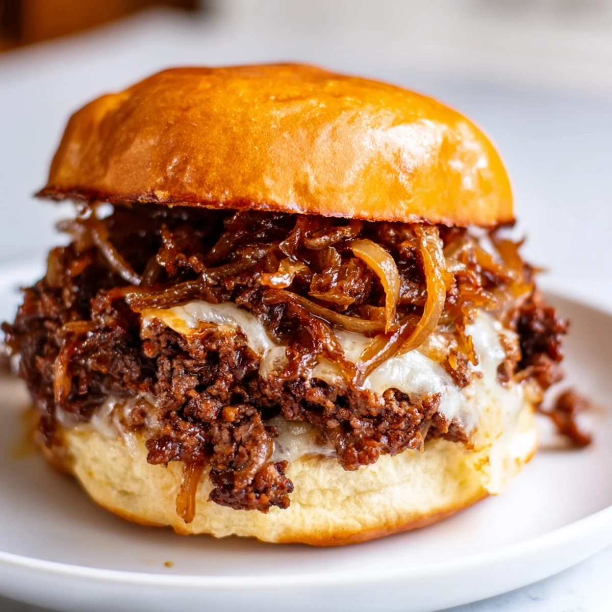 Golden caramelized onions and seasoned ground beef piled on toasted brioche with melted provolone cheese